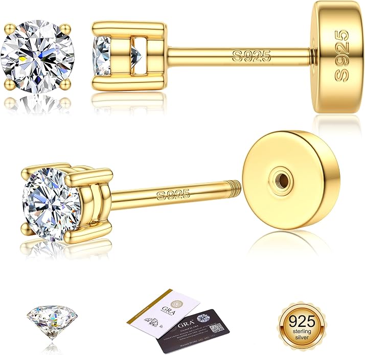 Moissanite Earrings for Men Women：Hypoallergenic Flat Back Earrings 925 Sterling Silver Stud Earring Small D Color VVS1 Moissanite 14K White Gold Plated Helix Cartilage Earring Studs Gift Jewelry