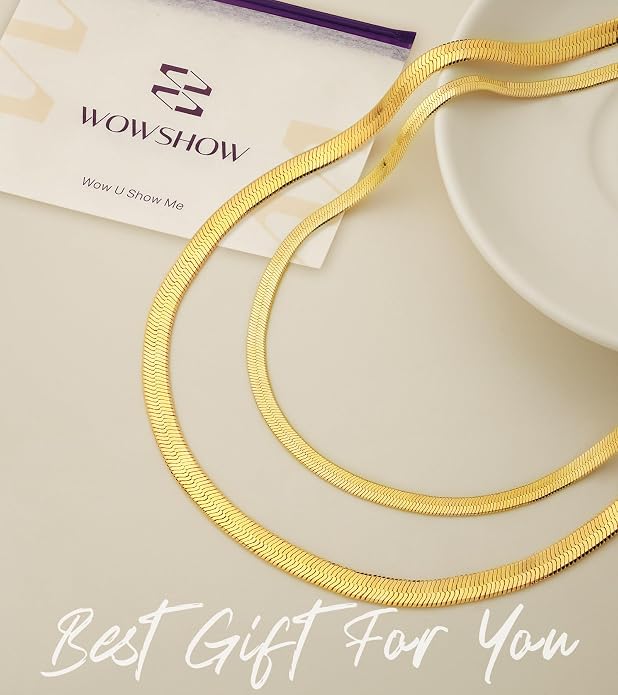Wowshow 14K Gold Plated Italian Snake Chain Necklace Flat Herringbone Choker Dainty Necklace Bracelet Set for Women 16-18-20 Inch