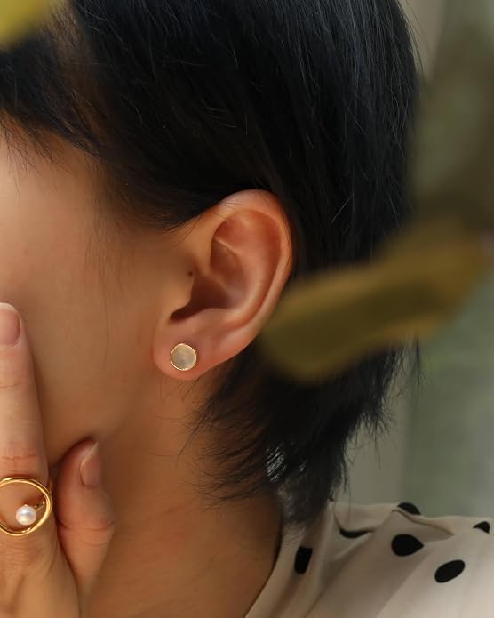S.Leaf Gold Stud Earrings for Women 925 Sterling Silver Hypoallergenic Mother of Pearl Shell Stud Chain Earrings Friendship Jewelry Gifts for Women Her