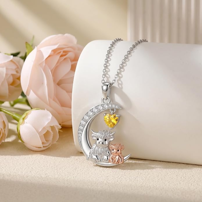 PELOVNY Teddy Bear Necklace for Women 925 Sterling Silver Bear/Highland Cow/Fox/Cat/Axolotl Birthstone Necklace Christmas Birthday Jewelry Gifts for Mom Daughter Wife Sister