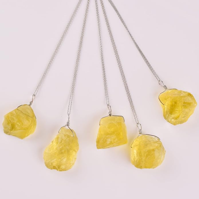 Natural Raw Lemon Quartz Stone Rough Crystal Gemstone Dainty Women Pendant Necklace, Chakra Healing Crystals, Birthstone, Gift, Rhodium Plated 925 Sterling Silver Chain 18 inch