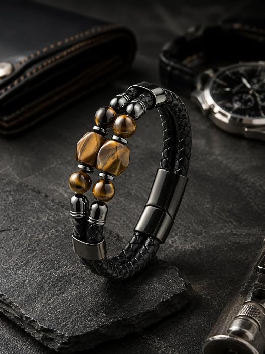 Black Braided Leather Bracelet for Men with Turquoise, Lapis Lazuli, Tiger Eye, Obsidian Stone Double-Row Wristband Beads with Stainless Steel Clasp Fashion Jewelry Gift for Him