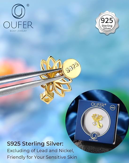 OUFER Silver Flat Back Earrings-16G Gold Forward Helix Piercing Jewelry, Internal Thread Clear CZ Pendant Helix Cartilage Tragus Conch Lobe Piercing Jewelry