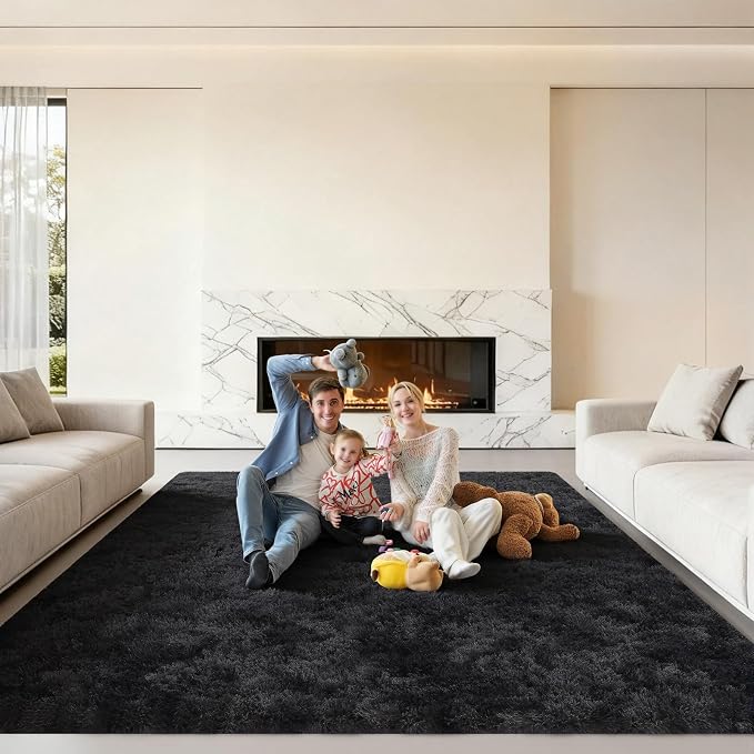 Area Rugs 9x12 Living Room, Large Fluffy Rugs for Bedroom, Fuzzy Shag Soft Non-Slip Carpet for Kids Girls and Boys Nursery Dorm Indoor Room Home Decor (9ft X 12ft, Tie-Dyed Black Grey)