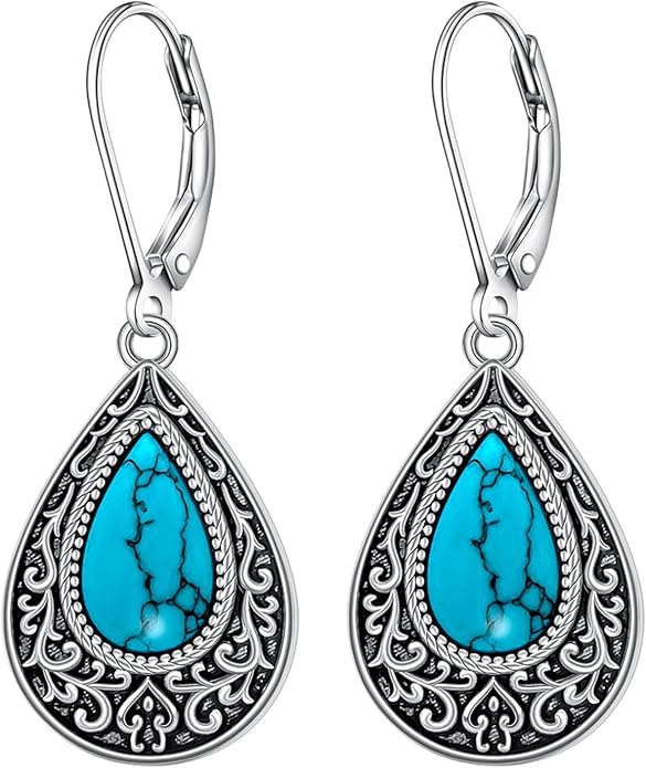 Turquoise Earrings for Women Sterling Silver Dangle Earrings Filigree Jewelry Drop Leverback Mothers Day Gift