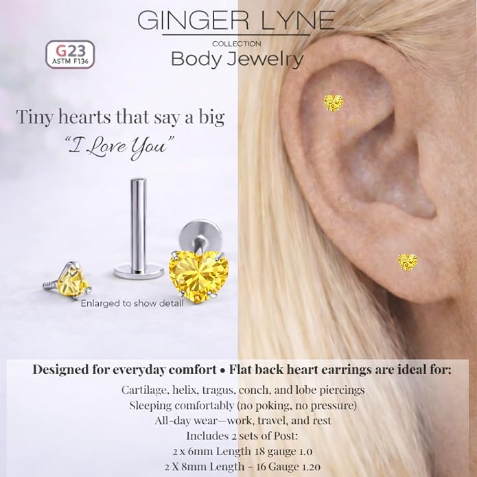 Titanium Heart CZ Labret Stud Earrings for Piercings by Ginger Lyne 6Pc Set G23 Screw Front Flat Back Body Jewelry 2 pair post 6mm, 8mm Cartilage, Helix, Tragus, Lip, Conch, Lobe