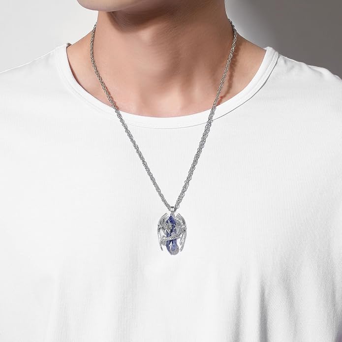 INFUSEU Unique Dragon Necklaces with Healing Crystal Stone for Men Women, Personalized Spiritual Gifts, 24 Inch Chain