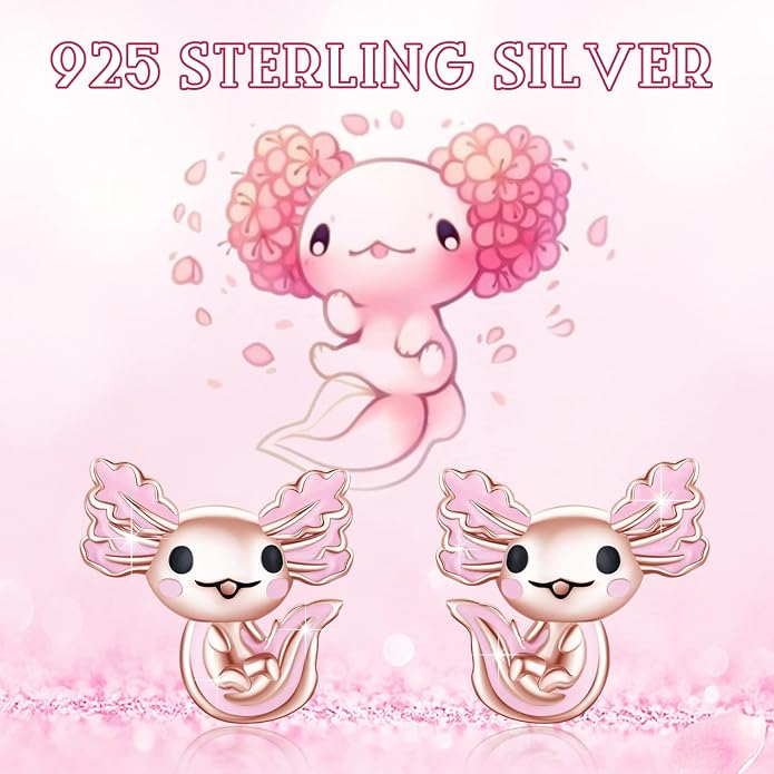 925 Sterling Silver Axolotl Earrings White Gold/Rose Gold Axolotl Jewelry for Women Girls Pink/Blue Axolotl Gifts