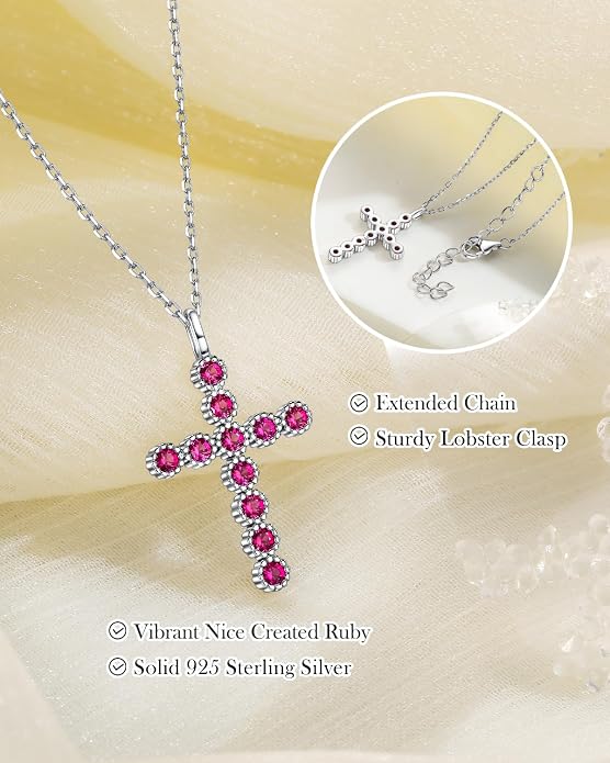 925 Sterling Silver 18 inch Birthstone Cross Pendant Necklace for Women Men