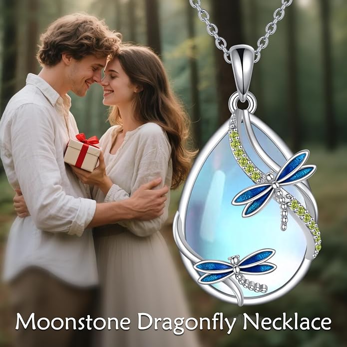 KQF Dragonfly/Butterlfy/Cat/Jellyfish/Bunny/Axolotl/Bee/Mermaid/Hummingbird/Elephant Necklace for Women Sterling Silver Moonstone Pendant Necklace Dragonfly Jewelry Gifts for Women