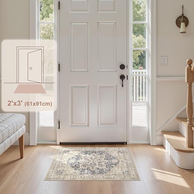 Tortania Area Rug 2x3 Doormat - Washable Vintage Oriental Farmhouse Soft Thin Indoor Carpet for Living Room Bedroom Hallway Entryway Kitchen - Cream/Blue