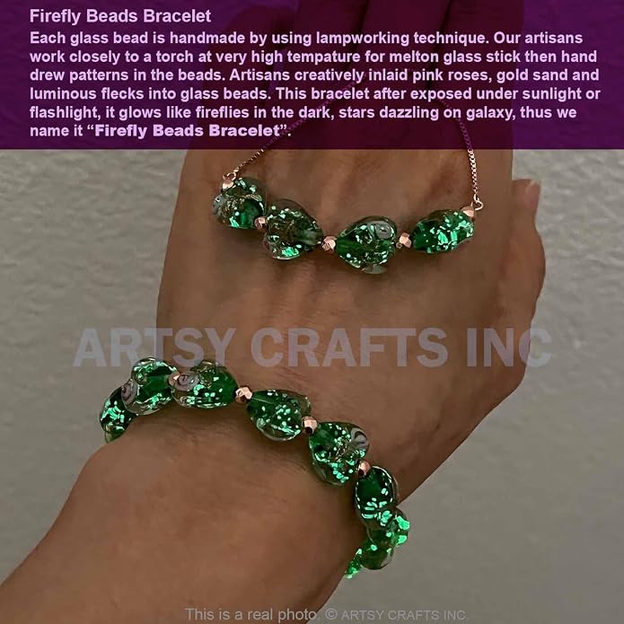 ARTSY Crafts Glow in the Dark Heart Shaped Glass Bead Bracelets & Necklaces, Handmade in USA