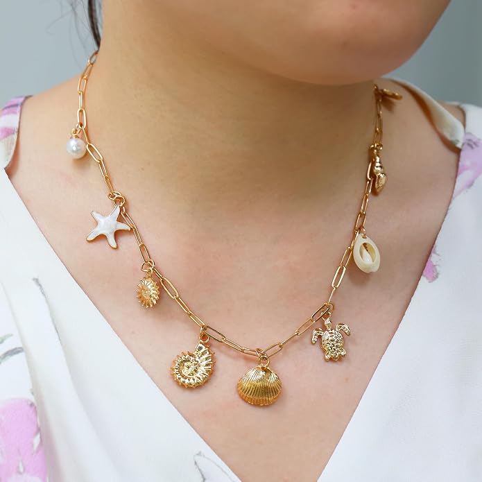 14K Gold Plated Paper Clip Chain Link Necklace Satellite Cross Key Starfish Turquoise Heart Necklace for Women