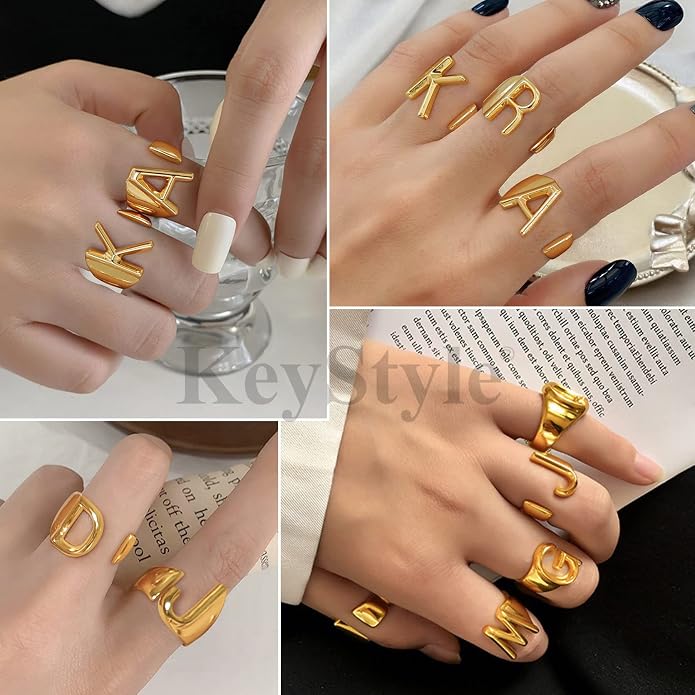 KeyStyle Bold Initial Letter Rings Adjustable, GoldChic Jewelry Women Gold Statement Ring Personalized Engraved Women’s Open Signet Ring for Party (Gold, White Gold, Black)