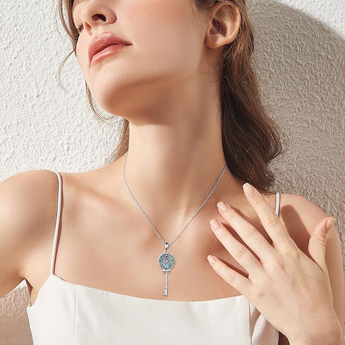 YFN Triple Moon Goddess Necklace Sterling Silver Pentagram Pentacle Opal Pendant necklace Pagan Wiccan Magic Amulet Tree of Life Jewelry for Women Men 18"