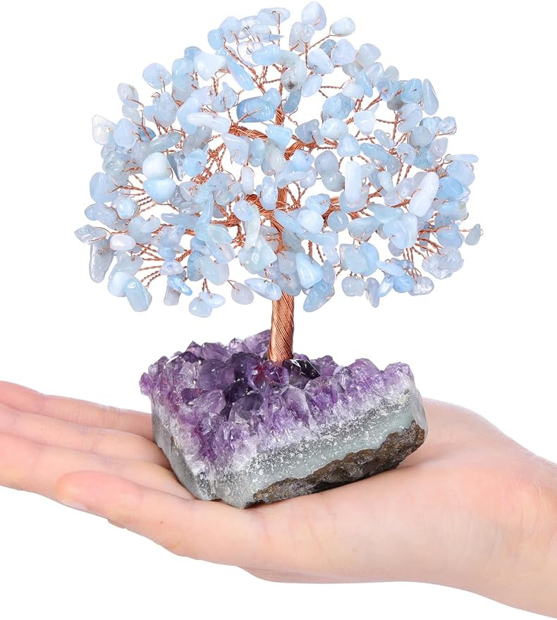 Jovivi Natural Aquamarine Healing Crystal Money Tree on Amethyst Cluster Geode Druzy Base Feng Shui Crystals for Home Office Desk Decorations, Wealth, Good Luck