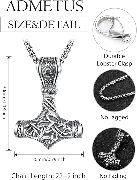 ADMETUS 925 Sterling Silver Thor Hammer Necklace Viking Mjolnir Pendant Jewelry Gifts for Men with 2.5mm 22"+2" Rolo Chain