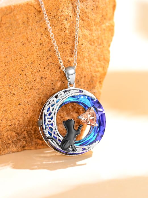TOUPOP Cat Gifts for Cats Lovers 925 Sterling Silver Black Cat Necklace Celtic Moon Birthstone Jewelry for Women Anniversary Birthday Gift for Her Wife Mom