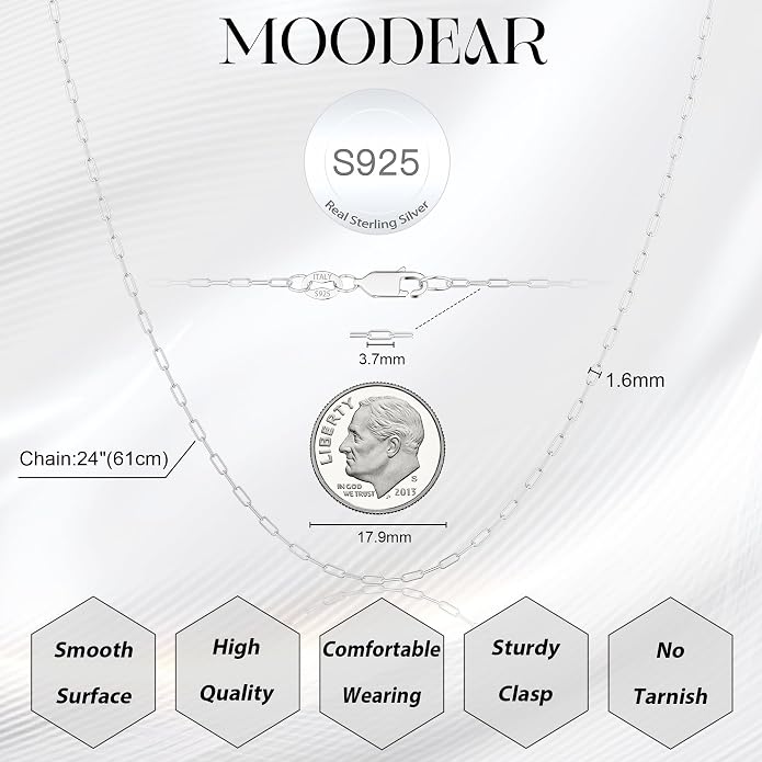 Moodear 925 Sterling Silver Paperclip Necklace for Women, 1.6mm Slender Link Chain, 14K Gold Plated Dainty Choker, Waterproof Trendy Jewelry Gifts for Girlfriend or Wife