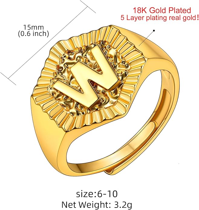 KeyStyle Bold Initial Letter Rings Adjustable, GoldChic Jewelry Women Gold Statement Ring Personalized Engraved Women’s Open Signet Ring for Party (Gold, White Gold, Black)