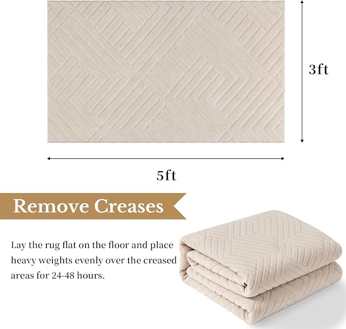Bsmathom 3x5 Washable Area Rug, Boho Neutral Modern Soft Carpet Mat, Beige | Machine Washable, Low Pile Fluffy Plush, Non-slip, Geometric Textured, For Living Dining Kids Room Bedroom Indoor Dorm