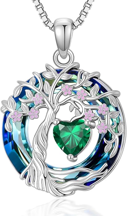Tree of Life Birthstone Necklace 925 Sterling Silver Crystal Tree of Life Pendant Birthstone Jewelry Birthday Christmas Gifts for Women Mom Her Wife