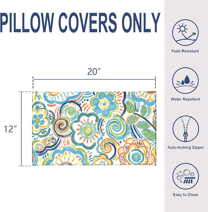 Pack of 2 Outdoor Lumbar Pillow Covers, All Weather Cushion Pillow Cases 12x20 Inch, Pillowcase for Patio Couch Decoration, Flower Blue