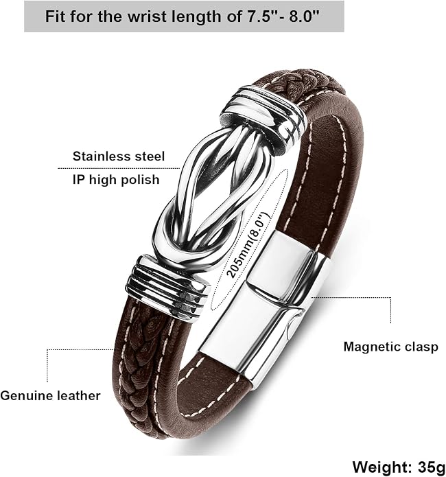 Mens Leather Bracelet,Braided Leather Wristband Cuff Bracelets Stainless Steel Clasp,Jewellery Gift for Men
