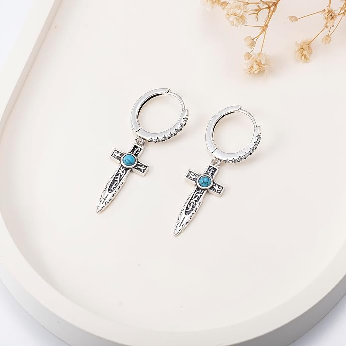 PELOVNY Abalone/Turquoise/Black Onyx/Lapis Lazuli/Axolotl/Bee/Dragonfly/Sun/Cross/Sword/Wolf/Map/Golf Earrings S925 Sterling Silver Dangle Earring Teardrop Jewelry for Women Birthday Christmas Gifts
