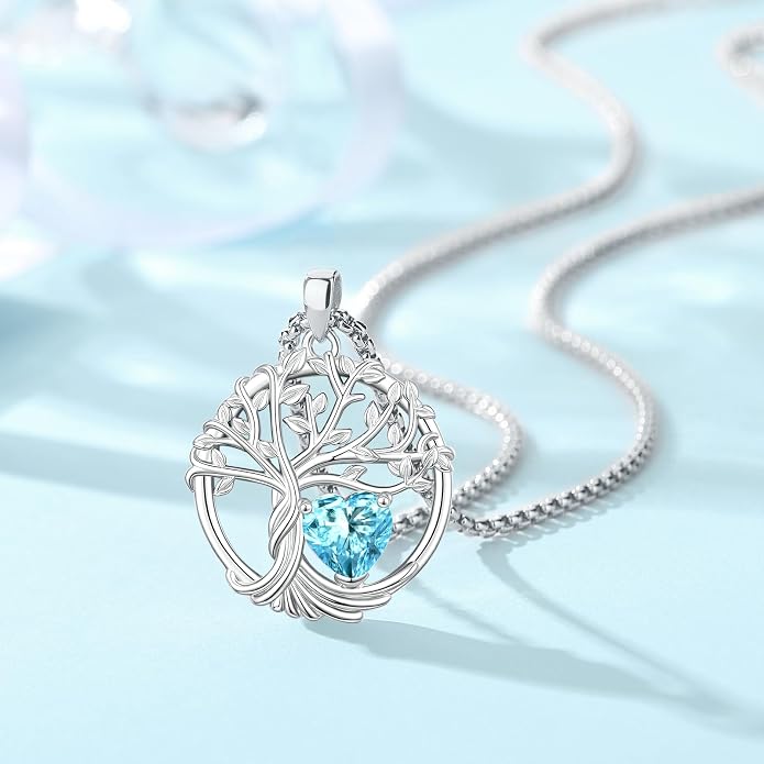 Birthstone Tree of Life Necklace for Women Heart Crystal Pendant Silver Plated Birthday Anniversary Jewelry for Wife, Mom, and Her
