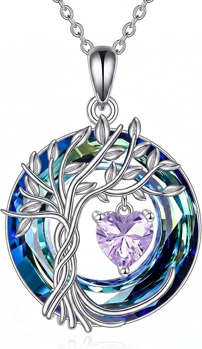 CRMAD Tree of Life Necklace Birthstone Pendant Necklaces with Crystal Anniversary Birthday Wedding Jewelry for Mom Her Wife Sister