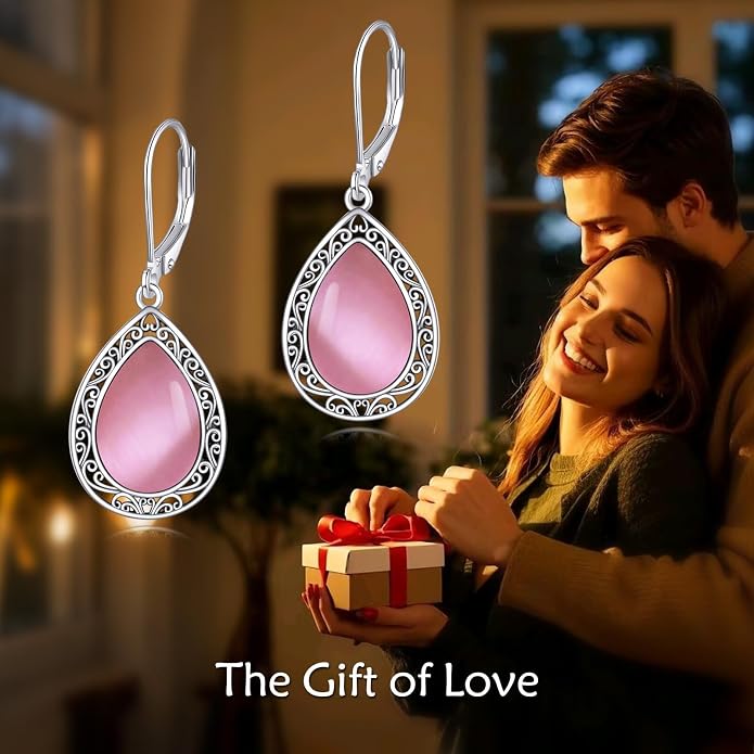 Moonstone/Lapis Lazuli/Peridot/Amethyst/Pink Teardrop Earrings for Women Sterling Silver Filigree Dangle Earrings Leverback Earrings Jewelry Gifts for Women