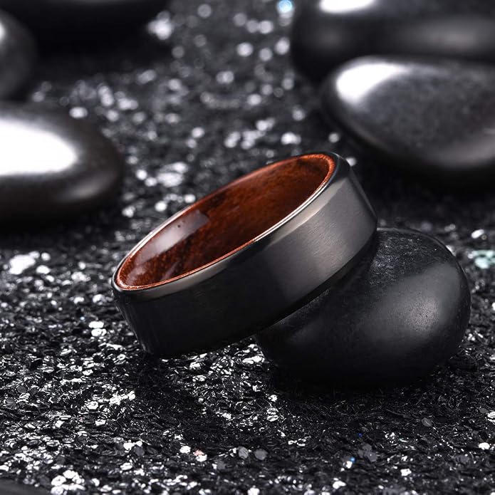 King Will 6/8mm Wedding Band for Men, Silver/Black Hammered Titanium Wedding Ring Inlaid Wood Inner Hole, Wedding Band for Men Matte Brushed Comfort Fit 7-14