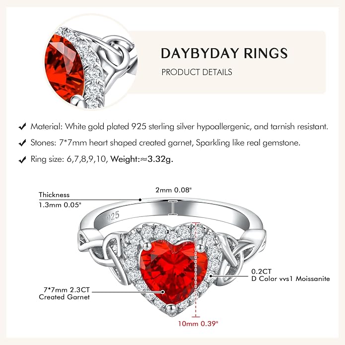 DAYBYDAY Celtic Birthstone Rings for Women 925 Sterling Silver Heart/Round/Pear/Oval Created Gemstone Moissanite Halo Engagement Promise Rings for Her Wife Birthday Anniversary Wedding Jewelry
