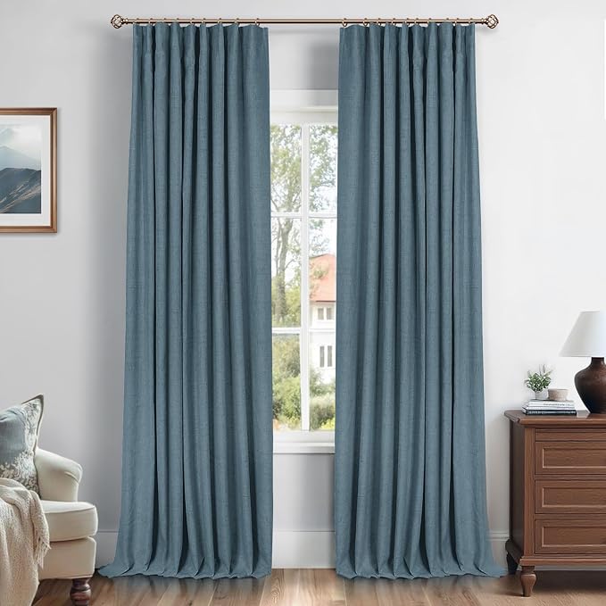 INOVADAY 100% Blackout Curtains for Bedroom, Stone Blue Black Out Curtains 102 Inch Long, Clip Rings Linen Blackout Drapes, Thermal Insulated Room Darkening for Living Room, 2 Panels - W50xL102