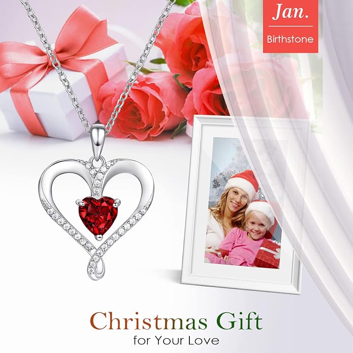 Birthstone Necklace for Women, 18K White Gold Heart Necklace Filled 925 Sterling Silver, Diamond Womens Jewelry Christmas Gifts for Women Wife