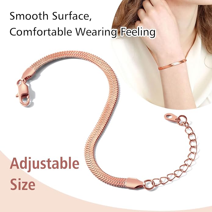 FindChic Elegant Herringbone Snake Chain Anklets/Bracelets 3MM/5MM Width Stainless Steel/18K Gold/Rose Gold Plated/Black 4 Color Options, 8.3'' 8.5'' 10.5'' Length, with Gift Box