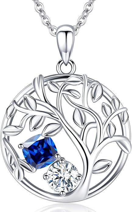 Tree of Life Birthstone Necklace for Women 925 Sterling Silver Birthstone Pendant 12 Months Necklaces with Zircon Birthday Gifts for Women, Mom, Grandma Cable Chain 18"+2"