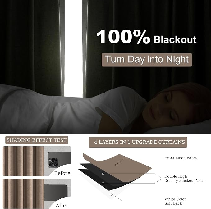 Topfinel 100% Blackout Curtains 84 inch Long 2 Panels for Bedroom Boho Farmhouse Linen Texture Curtain Greige Window Drapes with Back Tab Rod Pocket Light Blocking Thermal Insulated Panel Taupe