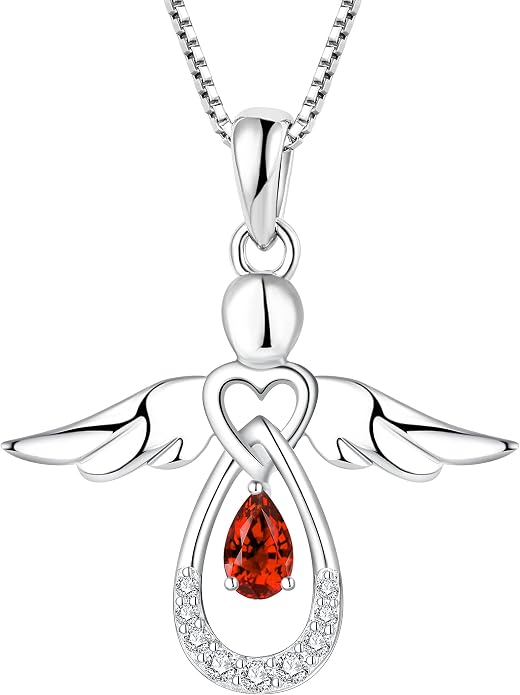 FJ Guardian Angel Necklace 925 Sterling Silver Birthstone Pendant Angel Jewelry Gifts for Women