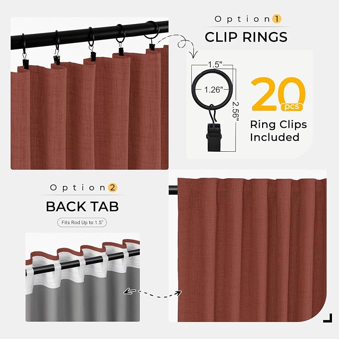 INOVADAY 100% Blackout Curtains for Bedroom, Terracotta Black Out Curtains 84 Inch Long, Clip Rings Linen Blackout Drapes, Thermal Insulated Room Darkening for Living Room, 2 Panels - W50xL84