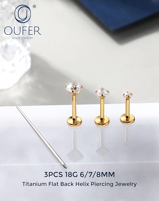 OUFER 18G 6/7/8MM Flat Back Cartilage EarRings-3PCS Gold Titanium Extended Internally Threaded Lip Piercing 2/3/4MM Round Clear CZ Helix Piercing Jewelry