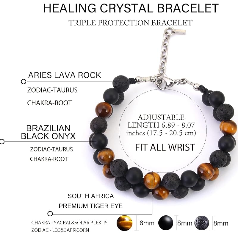 Protection Crystal Beaded Bracelet for Men, Mens Triple Protection Bracelet Tiger Eye Black Onyx Lava Bead Bracelet, Premium Handcrafted 2Row Bracelets Energy Crystal Jewelry for Balance