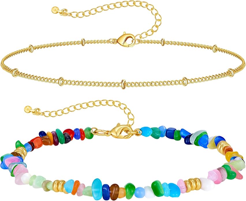Ankle Bracelet for Women Natural Stone Colorful Beaded Boho Layered Anklet 14K Gold Plated Adjustable Beads Chain 2Pcs Anklets Set Handmade Summer Beach Jewelry