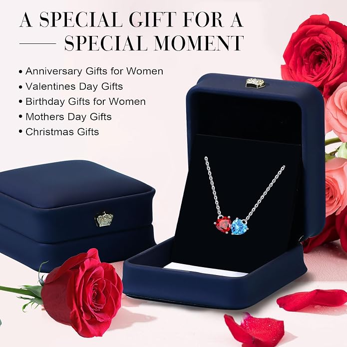 Iefil 1.25Ct Double Heart Birthstone Necklace - 925 Sterling Silver Birthstone Necklace, Birthday Gifts for Women, Jewelry Gifts for Mom Daughter Wife