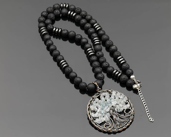 ElisaJewelryArt - Natural Labradorite Big Tree Of Life Black Lava Stone Beaded Necklace Genuine Gemstone Energy Stone Clasp Closure Necklace Unisex Necklace