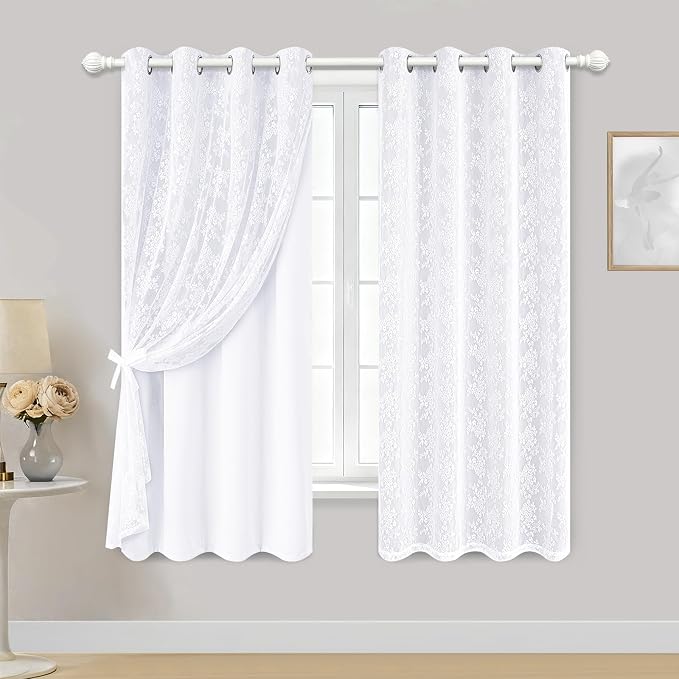 Yinhua Double Layer White Curtains for Living Room Blackout Curtains for Bedroom 63 Inch Length 2 Panels Set Kid Curtain with Tiebacks, Grommet Drapes with Floral Sheer Overlay, 52" W x 63" L