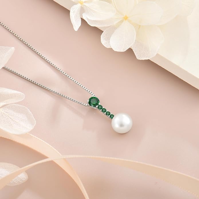 Pearl Necklace for Women, 925 Sterling Silver Dainty Round Freshwater Pearl with 5A Zircon Pendant Ideal Birthstone Jewelry Gifts for Her