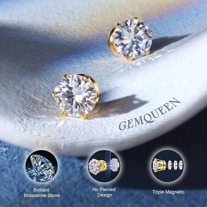 GEMQUEEN Moissanite Magnetic Earrings for Men Women : 18K White Gold Plated Hypoallergenic Stainless Steel Non Piercing Clip on Fake Earrings Studs Dainty Moissanite Earring Jewelry D Color VVS1