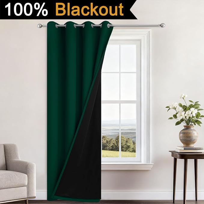 Yakamok Dark Green Blackout Curtains 96" Long for Bedroom 52" Wide 1 Panel | Blackout Curtain Panels for Bedroom, 2 Thick Layers Grommet Top Thermal Insulated Drapes with Black Liner for Living Room